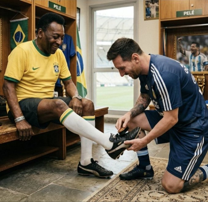 Meme montagem de Messi engraxando a chuteira de Pelé