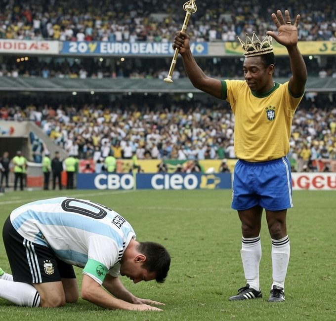 Meme clássico de Messi reverenciando Pelé coroado como rei do futebol